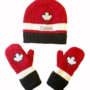 Maple Leaf Canadian Themed Beanie Hat Mittens Gloves Set (103)